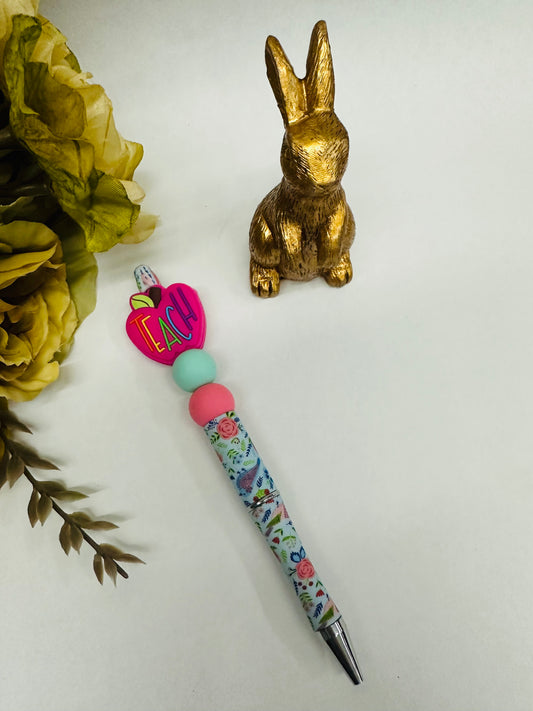 Bright Pink ‘Teach’ Floral Pen