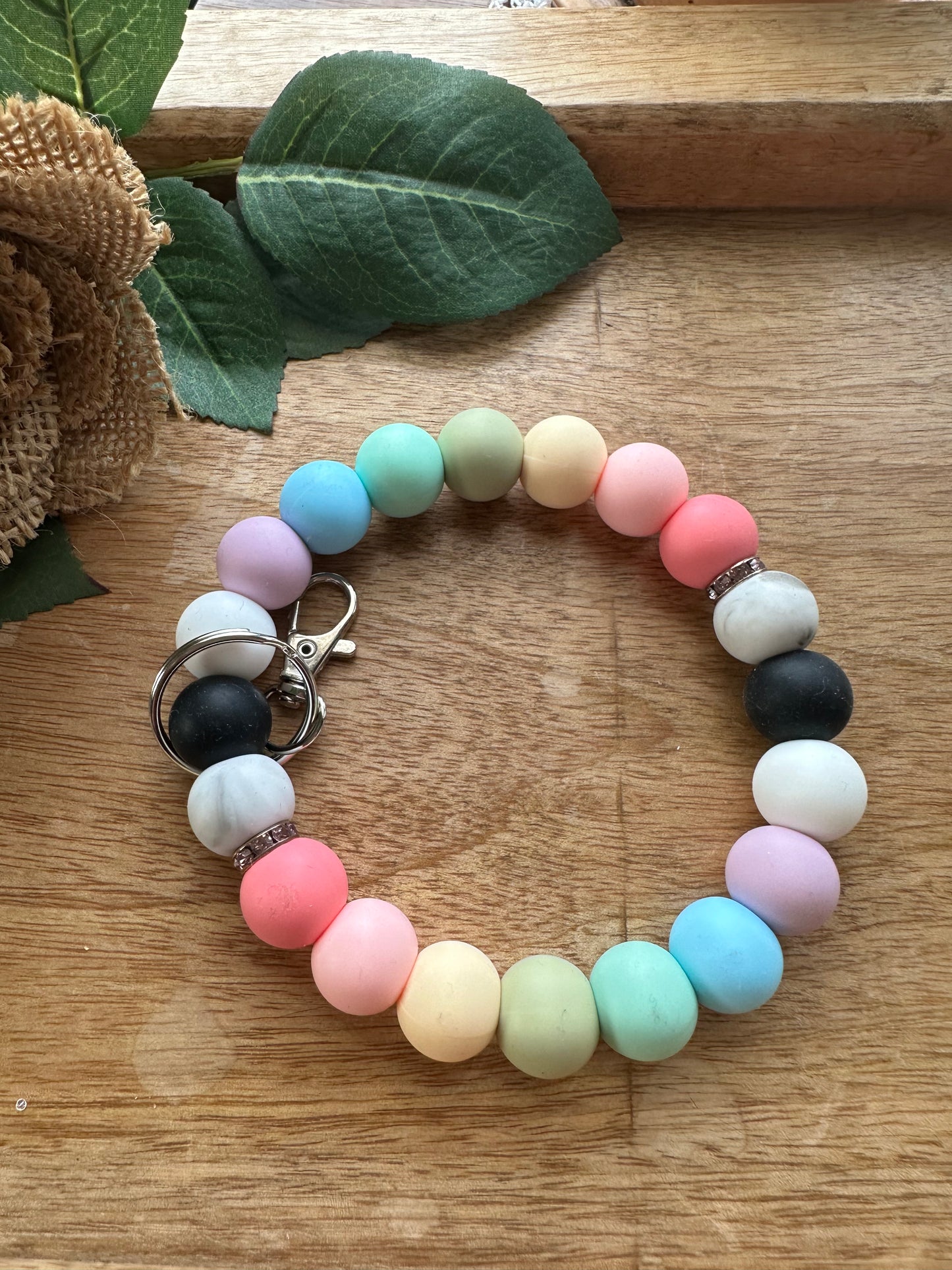 Pastel Rainbow Silicone Bead Keychain Wristlet